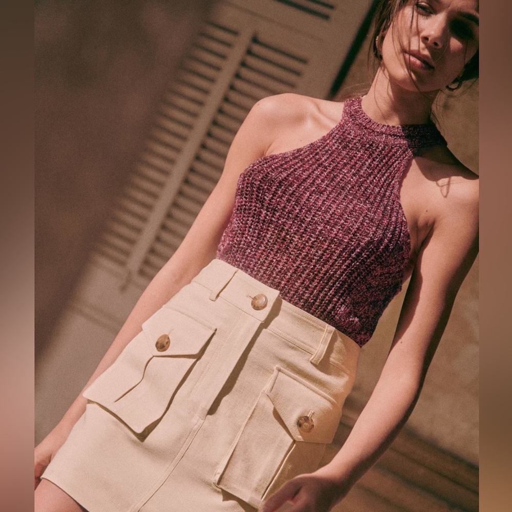 Sezane Jessica Pink Plum Glitter Knit Halter Tank Top